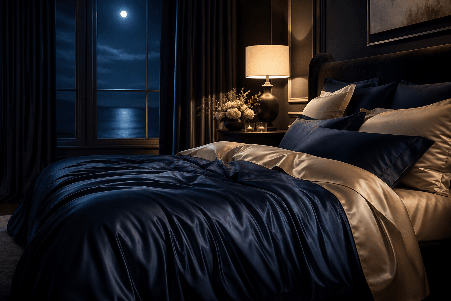 A beautifully styled, inviting, peaceful bed in a calming, moonlit bedroom sanctuary, conveying peace, calm, and rest